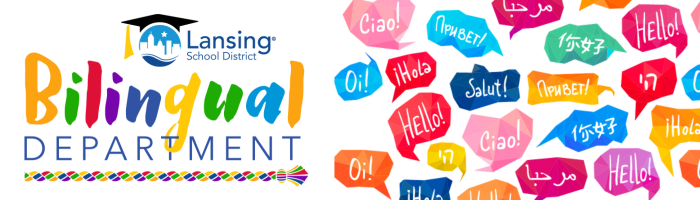 Lansing School District Bilingual Department footer with multi-colored speech bubbles saying hello in different languages