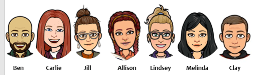 Headshots of all team members in Bitmoji format.  Ben, Carlie, Jill, Allison, Lindsey, Melinda, and Clay